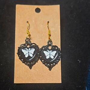 Handmade Black and Gold Butterfly Heart Earrings